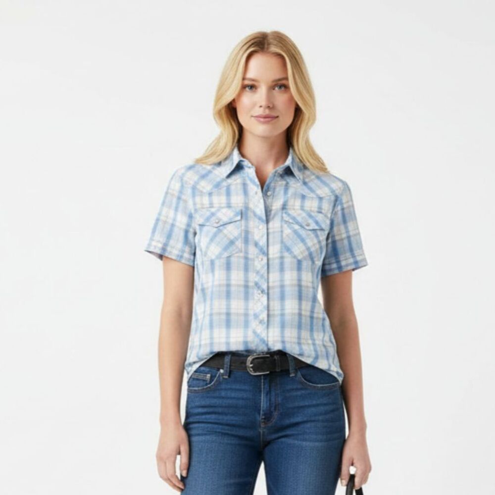 Levi’s Blue & White Plaid Gingham Pearl Snap Short Sleeve Button Western Shirt S